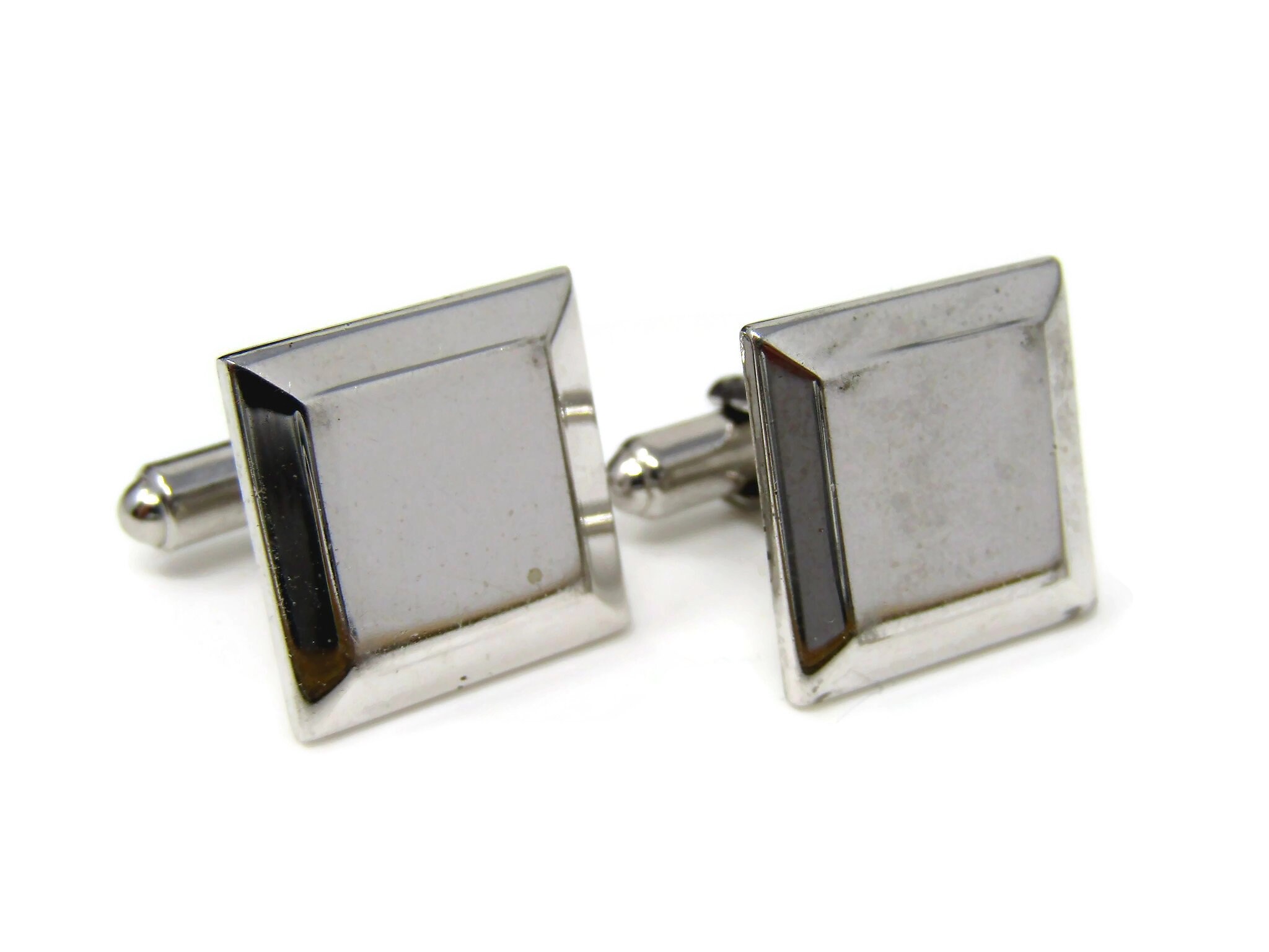 Vintage Cufflinks for Men: Beveled Edges Silver Tone Square Classic Design