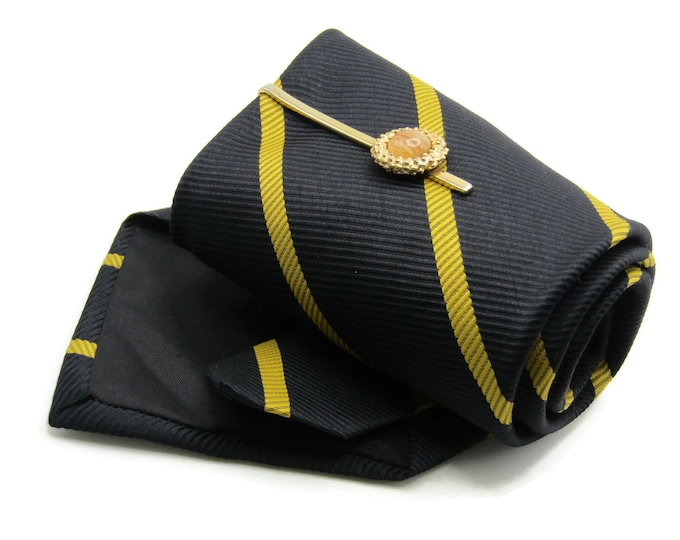 Black & Gold Diagonal Strip Tie With Brown Stone Inlay Tie Clip Tie Bar Gold Tone