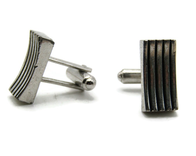 Curved Rectangle Vertical Lines Cuff Links Men's Jewelry Silver Tone
