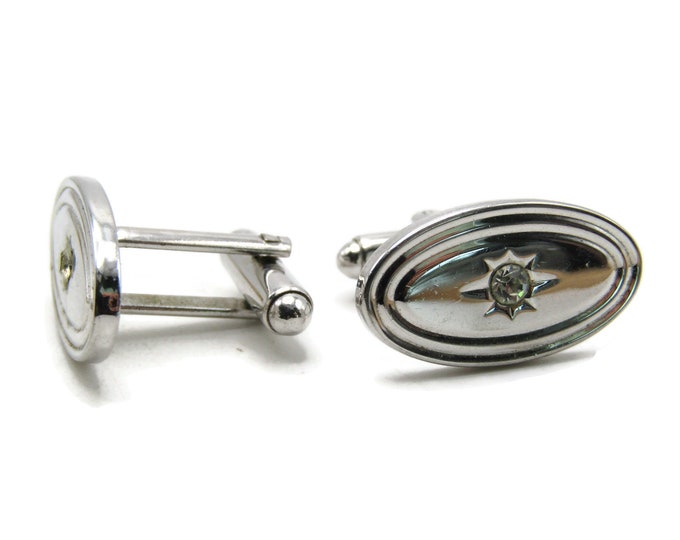 Rhinestone Inlay Oval Cuff Links Men's Jewelry Silver Tone