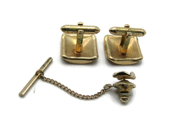 Mesh Front Square Cuff Links And Tie Pin Chain Se… - image 3