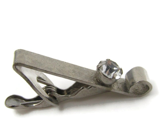Large Clear Jewel Curled End Tie Clip Bar Silver Tone Vintage Men's Jewelry Nice Design