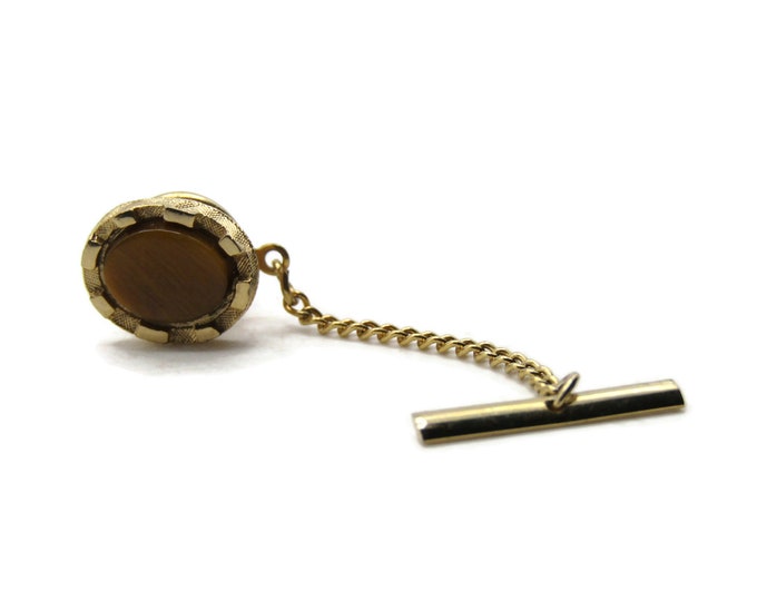 Oval Brown Stone Inlay Tie Pin And Chain Square Beveled Gold Tone