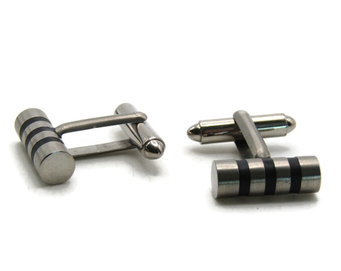 Black Striped Cylinder Cuff Links Men's Jewelry Silver Tone