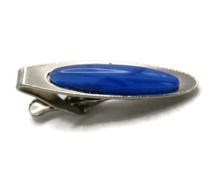 Oval Blue Stone Inlay Tie Clip Tie Bar Men's Jewelry Gold Tone