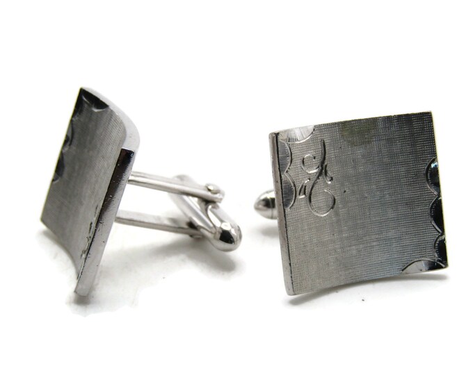 Curved Square Brushed Finished Cuff Links Etched Design Men's Jewelry Silver Tone