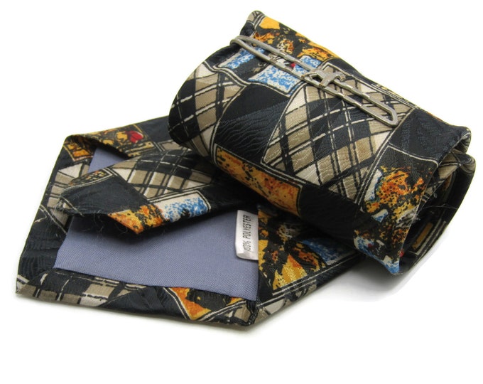 Dog Portraits And Patterened Squares Tie With Dog Tie Clip Tie Bar Silver Tone