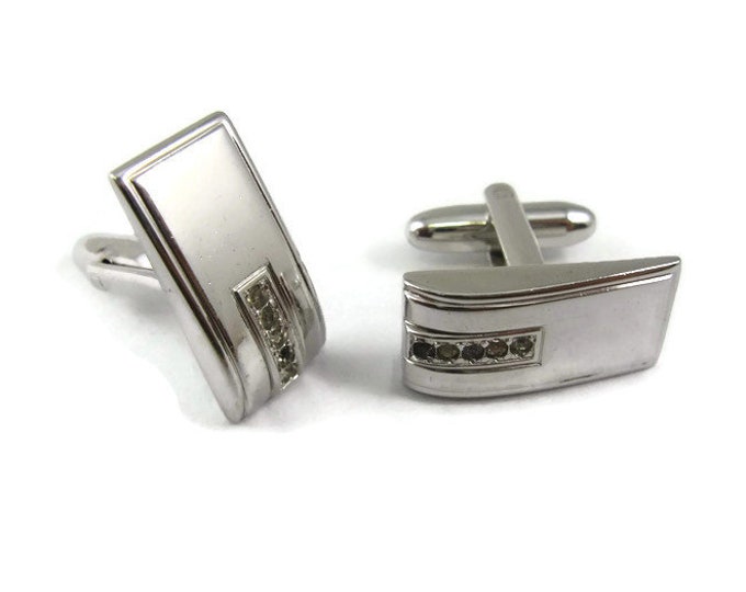 Vintage Cufflinks for Men: Wedge Silver Tone Clear Jewel Rows