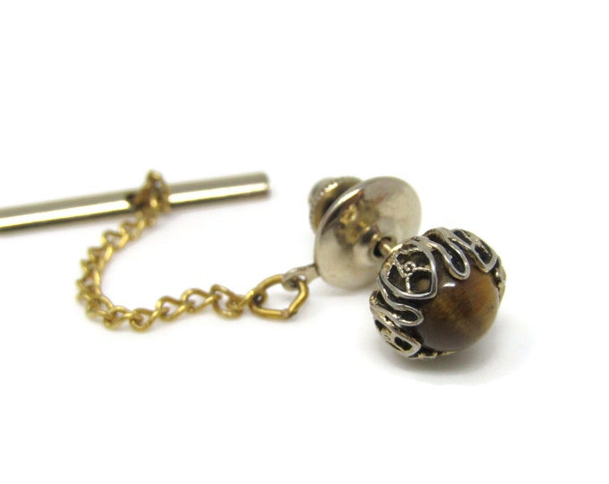 Tiger's Eye Ball Tie Tack Pin Gold Tone Vintage Men's Jewelry