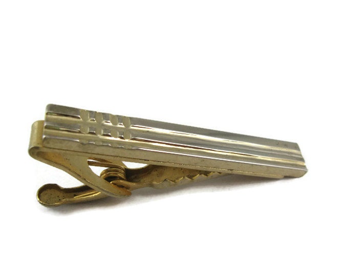Vintage Tie Bar Clip: Intersecting Groove Lines Gold Tone