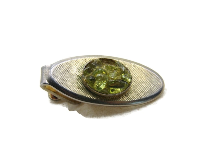 Oval & Green Stone Inlay Tie Bar Tie Clip Men's Jewelry Gold Tone