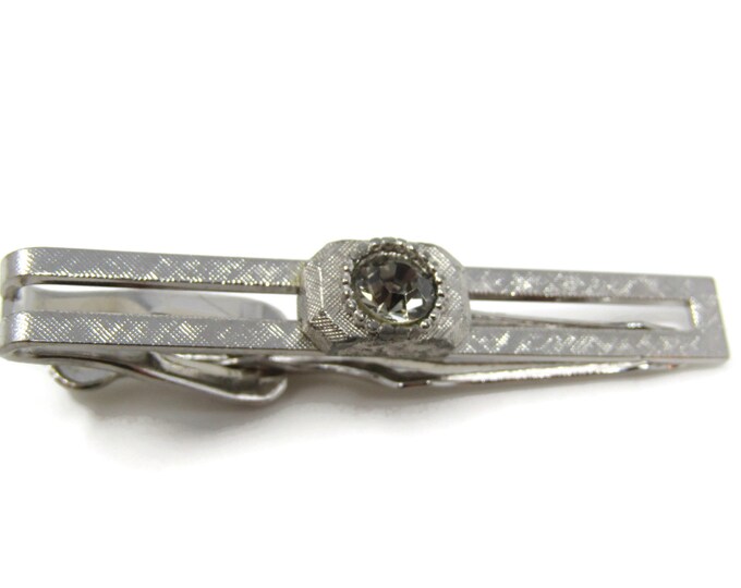 Clear Jewel Center Open Body Tie Bar Clip Silver Tone Vintage Men's Jewelry Nice Design