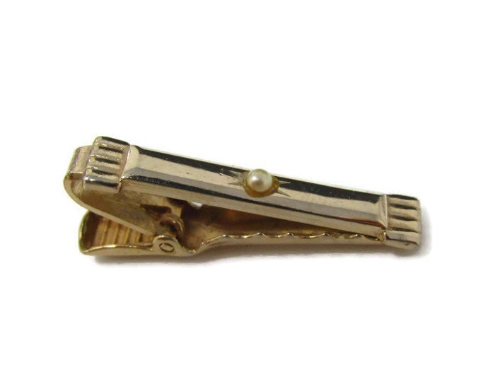 Vintage Tie Bar Tie Clip: Faux Pearl Crimped Tips Gold Tone Excellent Design