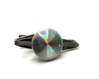Round Irridescent Stone Center and Lines Silver Tone Tie Clip Tie Bar Men's Jewelry