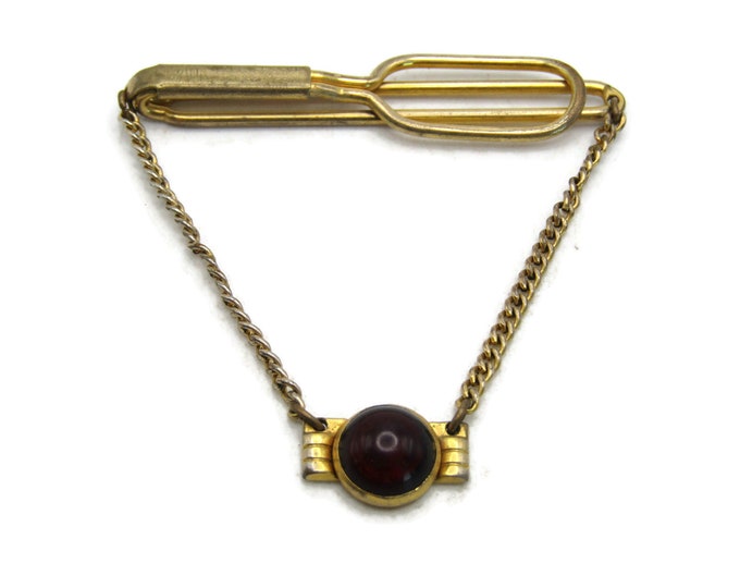 Red Stone Inlay Tie Clip & Chain Open Design Indistrial Tie Bar Gold Tone Men's Jewelry