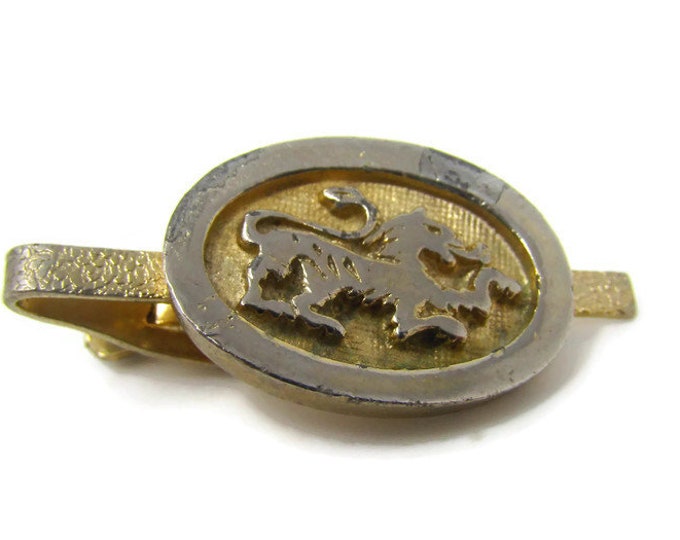 Lion Heraldic Design Tie Clip Vintage Tie Bar: Gold Tone Body