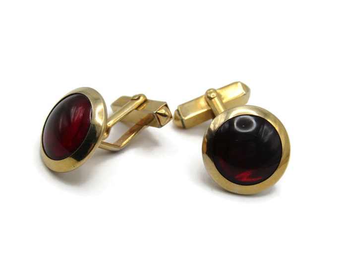 Vintage Cufflinks for Men: Deep Red Round Stone Gold Tone