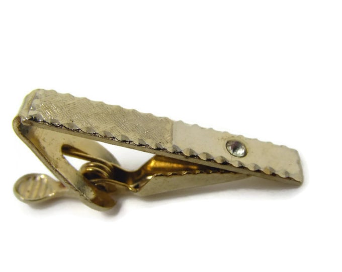 Half Texture Half Smooth Clear Jewel Tie Clip Vintage Tie Bar: Gold Tone Body