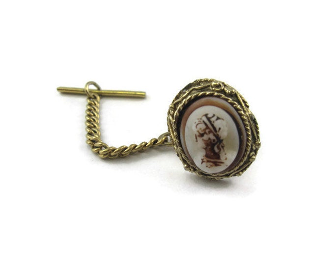 Vintage Tie Tack Tie Pin: Woman in Bonnet Profile Portrait Cameo Design Gold Tone