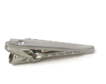 Clear Jewel Burst Tie Clip Bar Silver Tone Vintage Men's Jewelry Nice Design