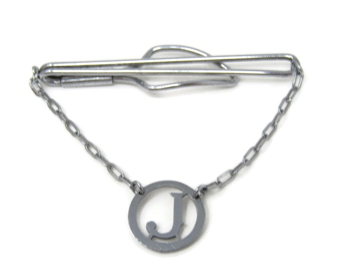 Letter J Initial Scarce Design Chain Tie Clip Bar Silver Tone Vintage Men's Jewelry Nice Design