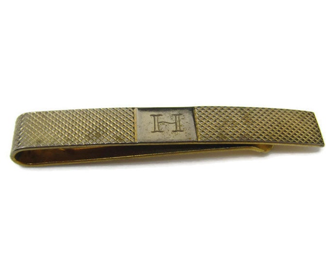 Vintage Tie Bar Tie Clip: Letter H Initial "H" Textured Gold Tone Larger Size