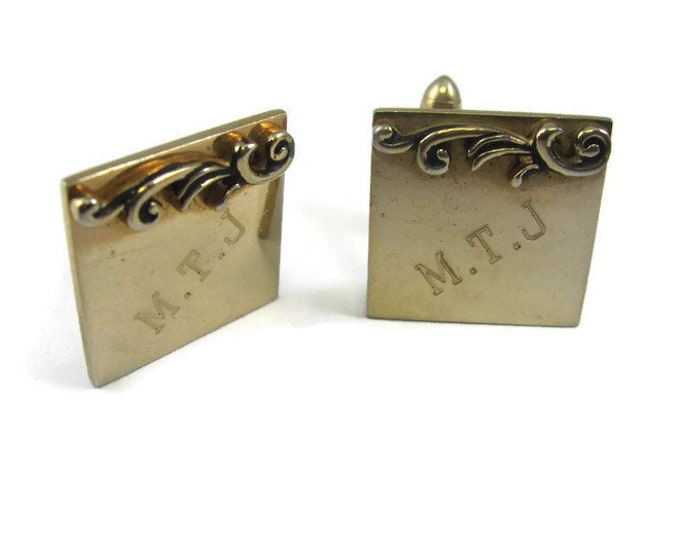 Vintage Cufflinks for Men: Initial MTJ Letters Gold Tone Square