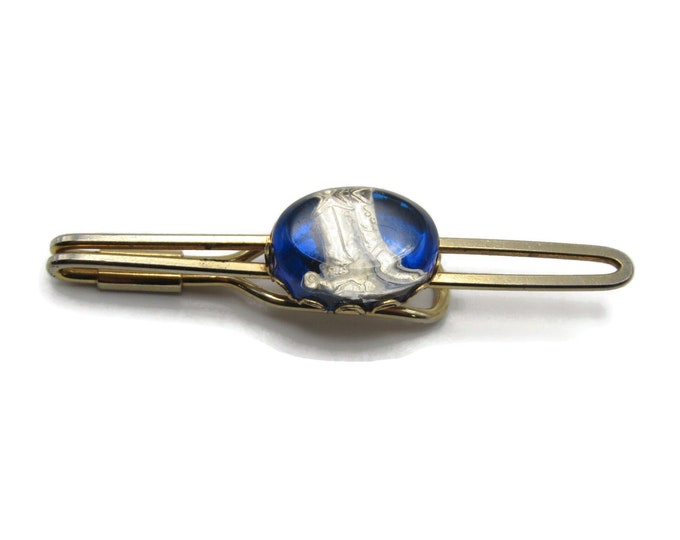 Cowboy Boots Blue Stone Inset Open Body Silver Tone Tie Clip Tie Bar Men's Jewelry