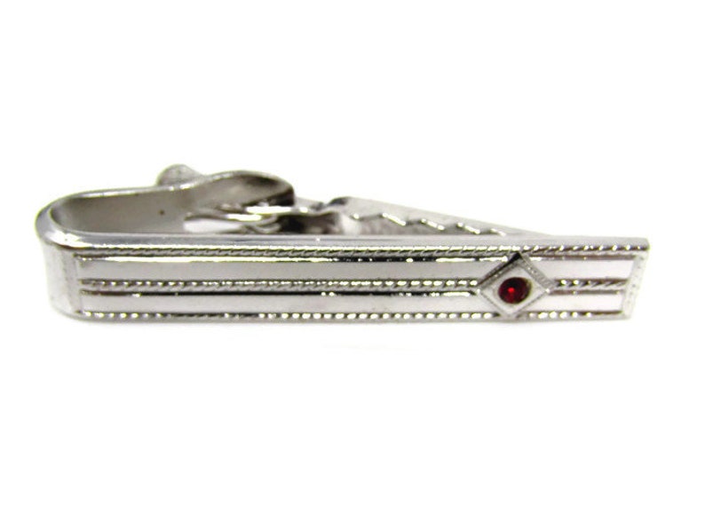 Modernist Silver Tone Red Jewel Tie Clip Vintage Tie Bar