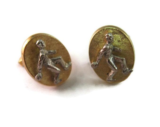 Vintage Cufflinks for Men: Textured Gold Tone BOWLING Silver Tone Oval Design