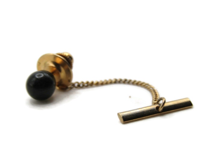 Round Black Stone Inlay Tie Pin And Chain Men's Jewelry Gold Tone