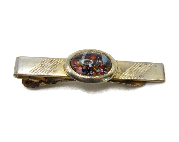 Multicolored Stone Inlay Tie Clip Vintage Tie Bar Etched Gold Tone Men's Jewelry