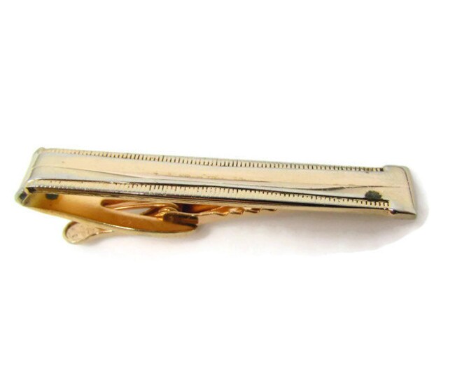 Made in USA Ridged Modernist Tie Clip Vintage Tie Bar: Gold Tone