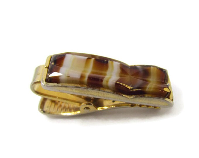 Brown White Stripe Glass Tie Clip Vintage Tie Bar: Nice Design Smaller Size