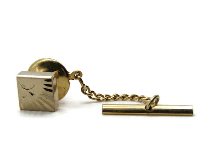 Square Tie Pin And Chain Etched Fleur And Edging Men's Jewelry Gold Tone