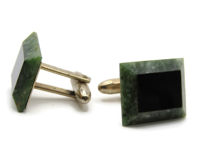 Green And Black Rectangle Stone Cuff Links Men's Jewelry Silver Tone