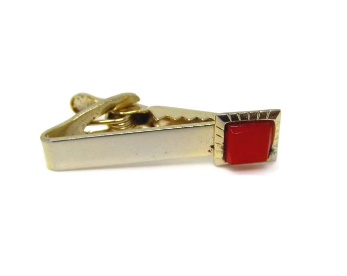 Vintage Tie Clip Tie Bar: Red Orange Accent Classic Design