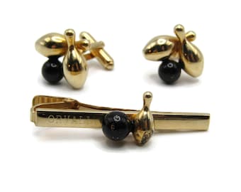 Bowling Ball and Pins Vintage Men's Jewelry Set: Tie Bar Cufflinks Black Gold Tone