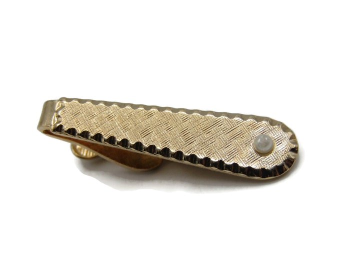 White Stone Inlay Textured Scalloped Edged Gold Tone Tie Bar Tie Clip Men's Jewelry
