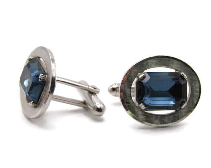 Blue Stone Oval Cuff Links Men's Jewelry Silver Tone