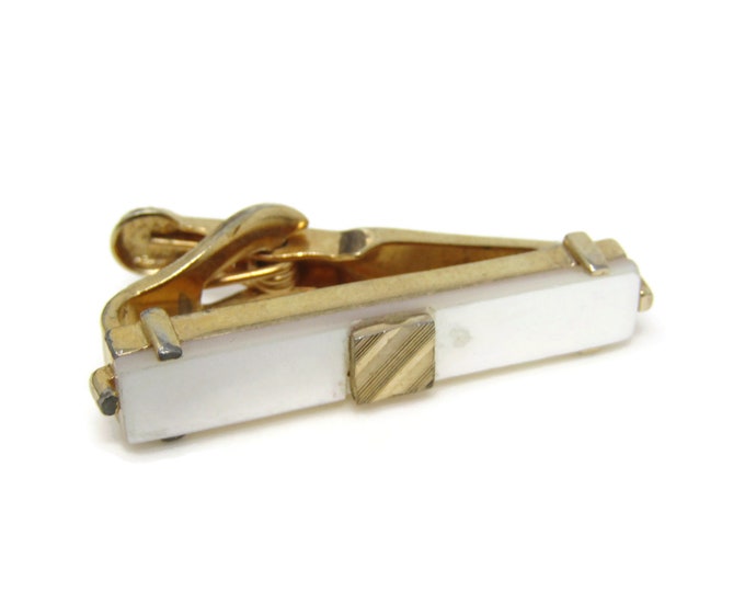 Mother of Pearl Square Center Tie Clip Bar Gold Tone Vintage Men's Jewelry Nice Design