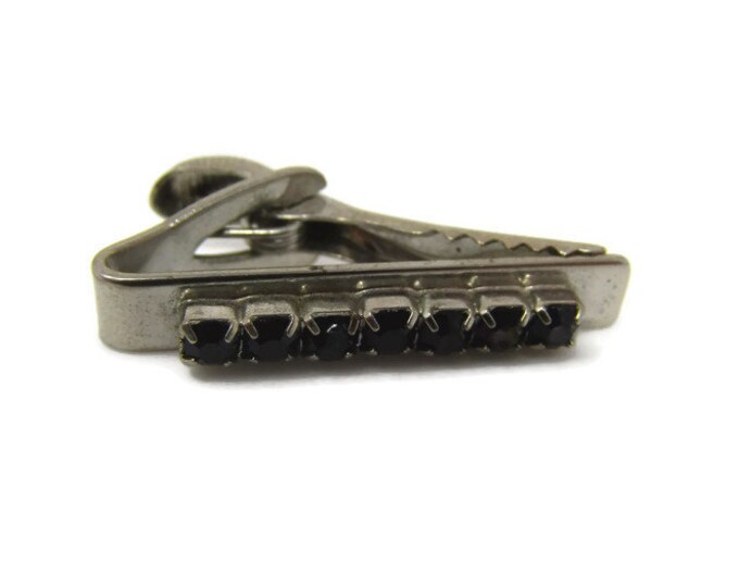 Black Jewels Row Tie Clip Vintage Tie Bar: Silver Tone