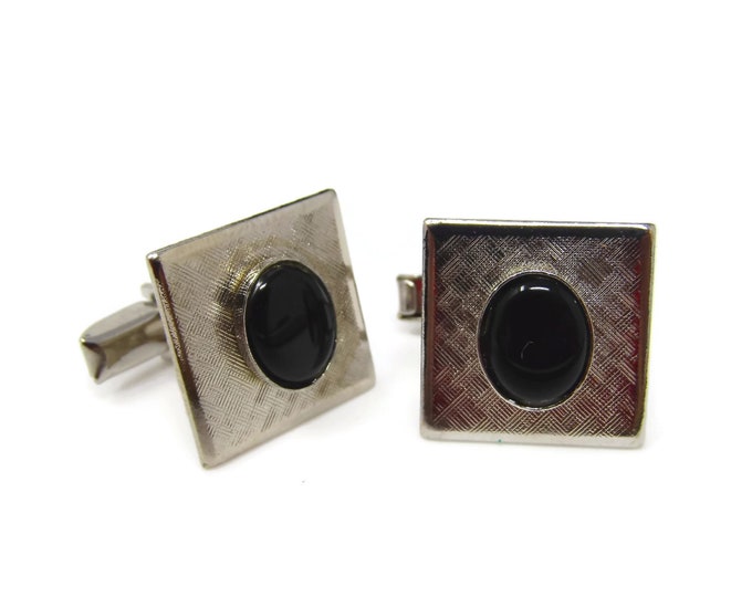 Vintage Cufflinks for Men: Textured Silver Tone Black Center Accent Nice