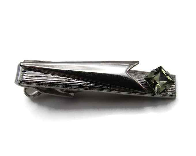 Green Rhinestone Inlay Abstract Textural Silver Tone Tie Clip Tie Bar Men's Jewelry