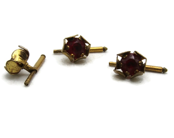 Red Stone Floral Shape Cuff Link Set of 3 Gold Tone Men's Jewelry