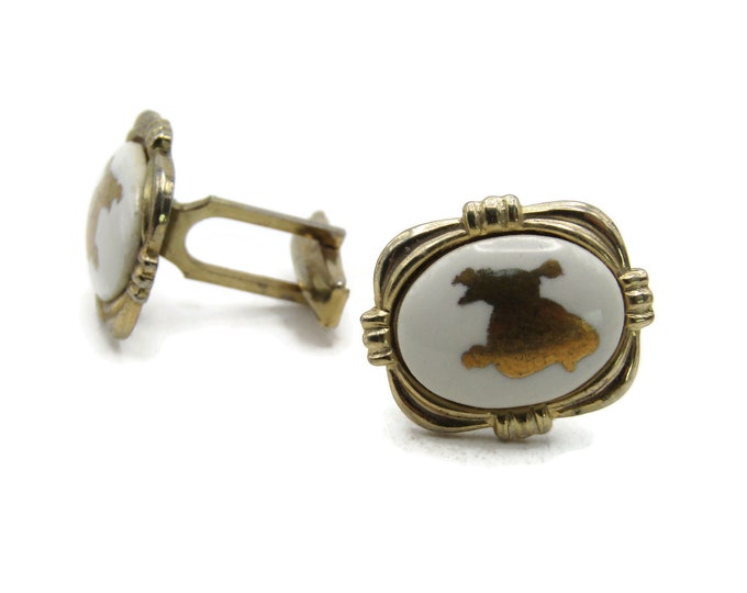 White Stone Inlay Cuff Links Decorative Edge Gold Tone Men's Jewelry