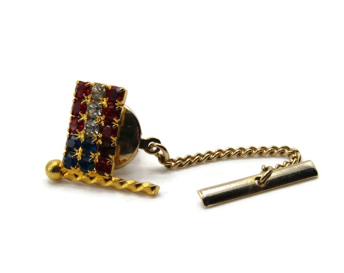 Rhinestone Inlay American Flag Tie Pin And Chain Men's Jewelry Gold Tone