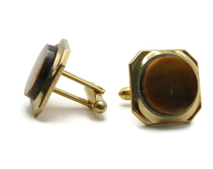 Round Brown Stone Inlay Tapered Edge Cuff Links Men's Jewelry Gold Tone