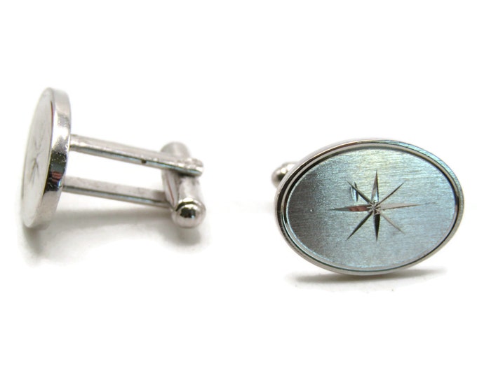 Oval Etched Star Burst Center Cuff Links Men's Jewelry Silver Tone