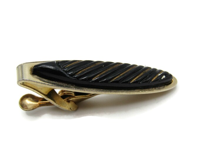 Black Brown Diagonal Stripe Stone Inlay Gold Tone Tie Bar Tie Clip Men's Jewelry